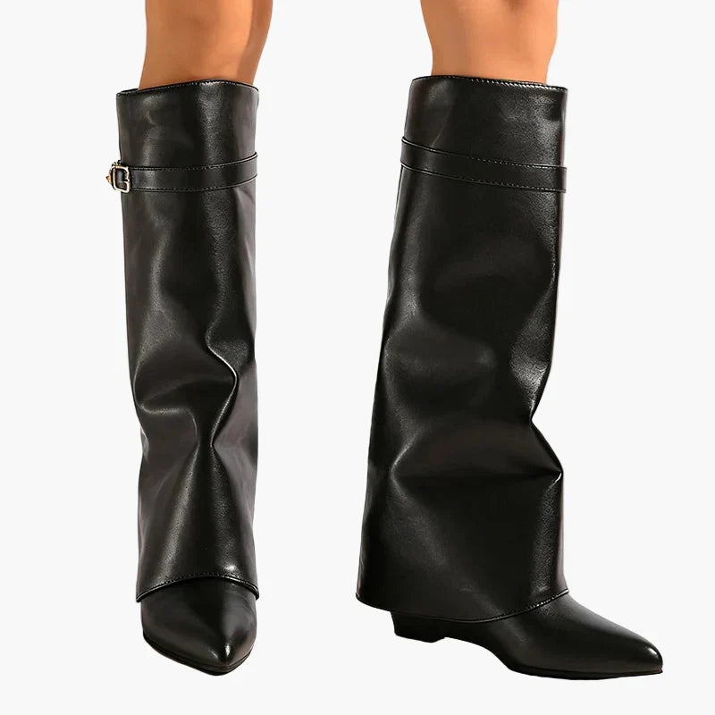 Margrit Schwarz Slouchy Kniehohe Stiefel in Leder-Optik für Damen | Spitze Zehenpartie Goldschnalle Herbst - EU 35-42