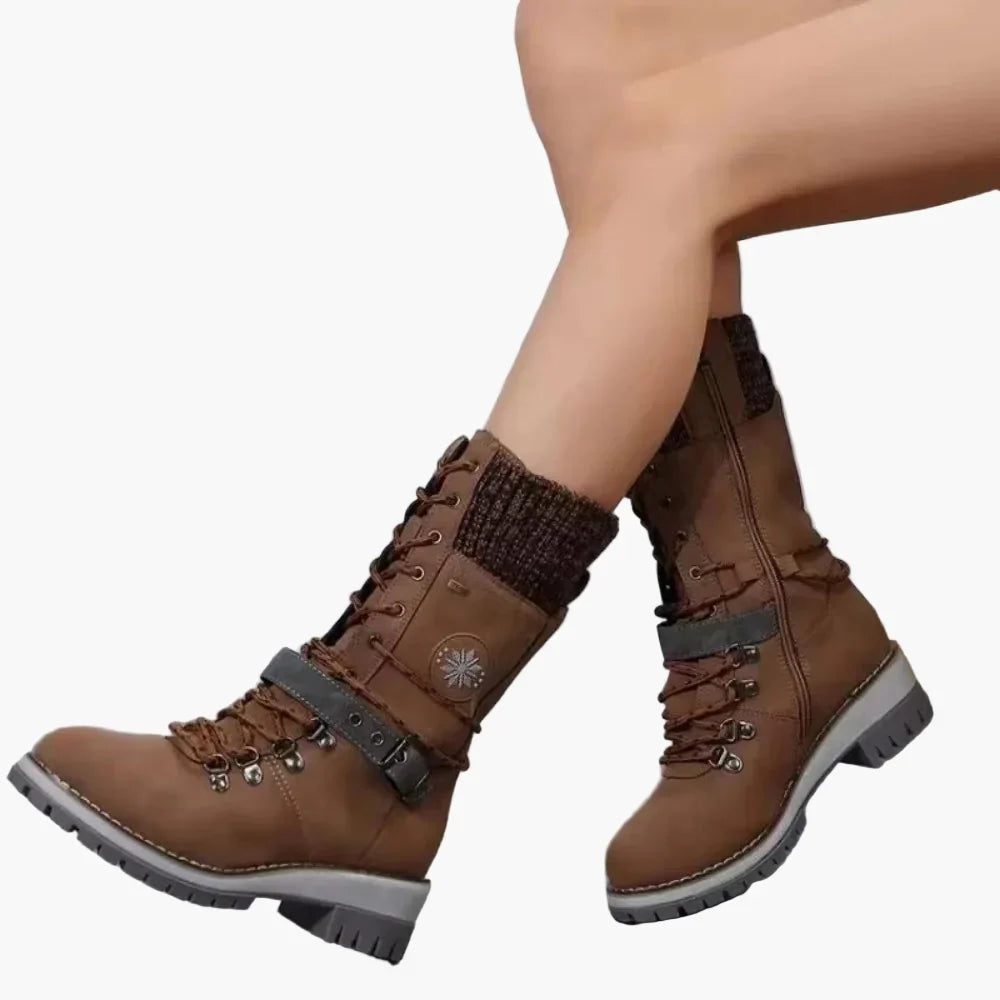 Elisabeth Grau Gefütterte Outdoor-Schnürstiefel für Damen | Warmfutter Profilsohle Strickabschluss Winter - EU 36-43