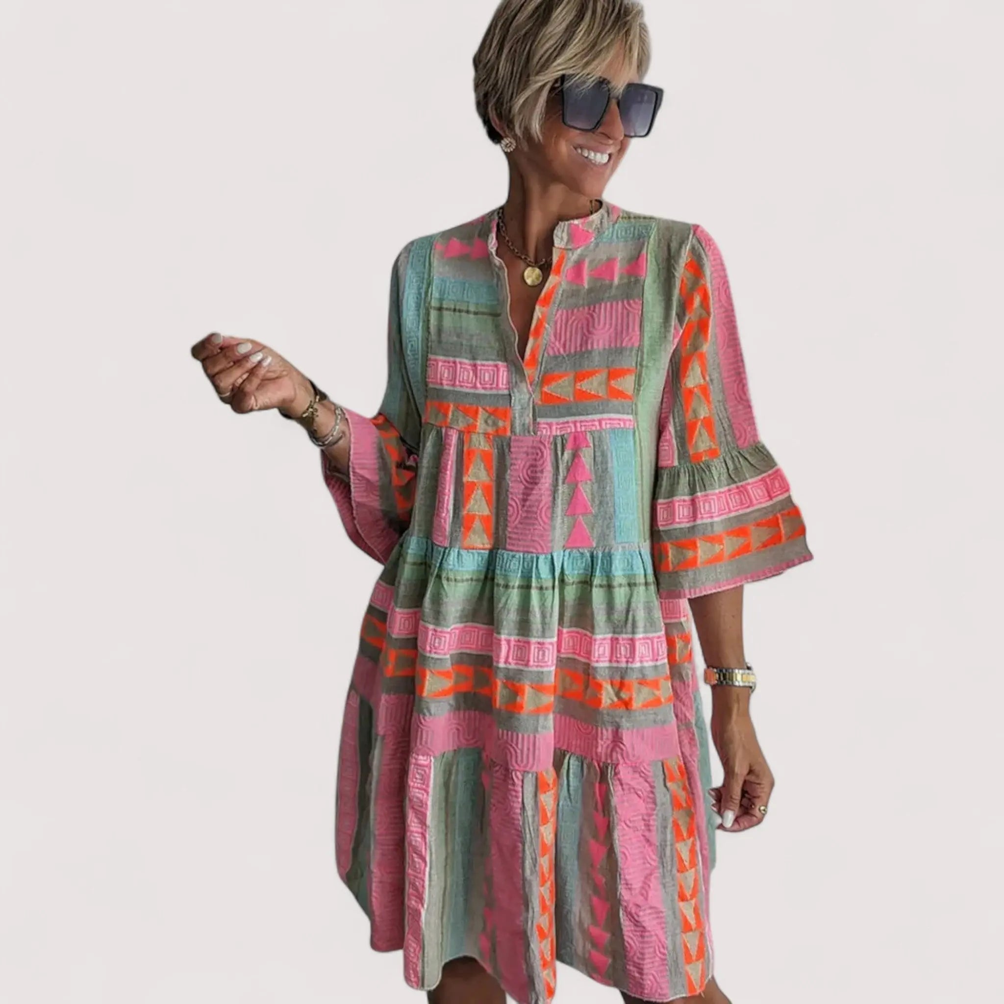 Hannelore Mehrfarbiges Geometrisches Stufenkleid für Damen | Lockere Swing-Passform Boho-Stil
