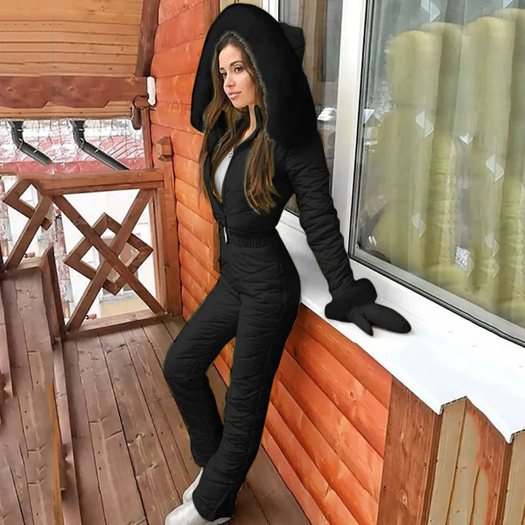 Käthe Gelb Gesteppter Winter-Jumpsuit mit Kapuze und Kunstfell für Damen | Einteilig mit Fäustlingen - S-5XL