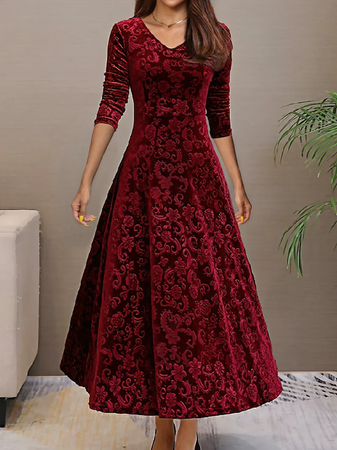 Sari Frauen Samtkleid | V-Ausschnitt, Floral 0