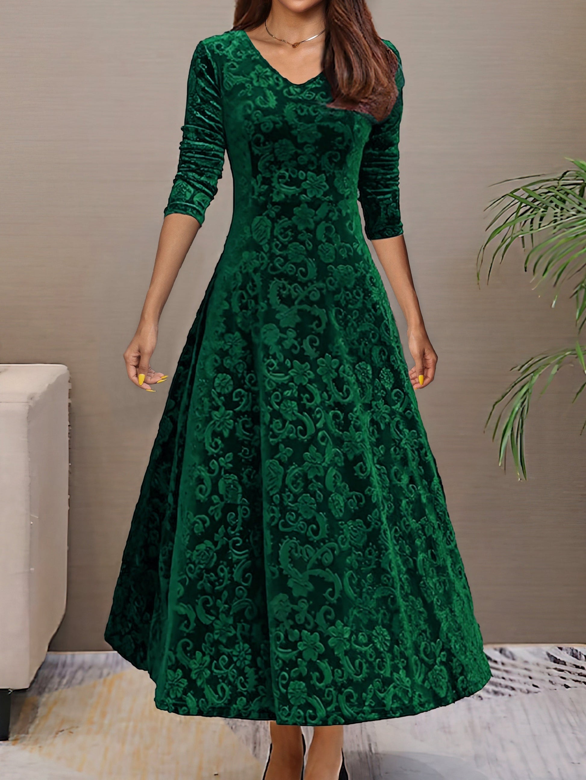 Sari Frauen Samtkleid | V-Ausschnitt, Floral 1