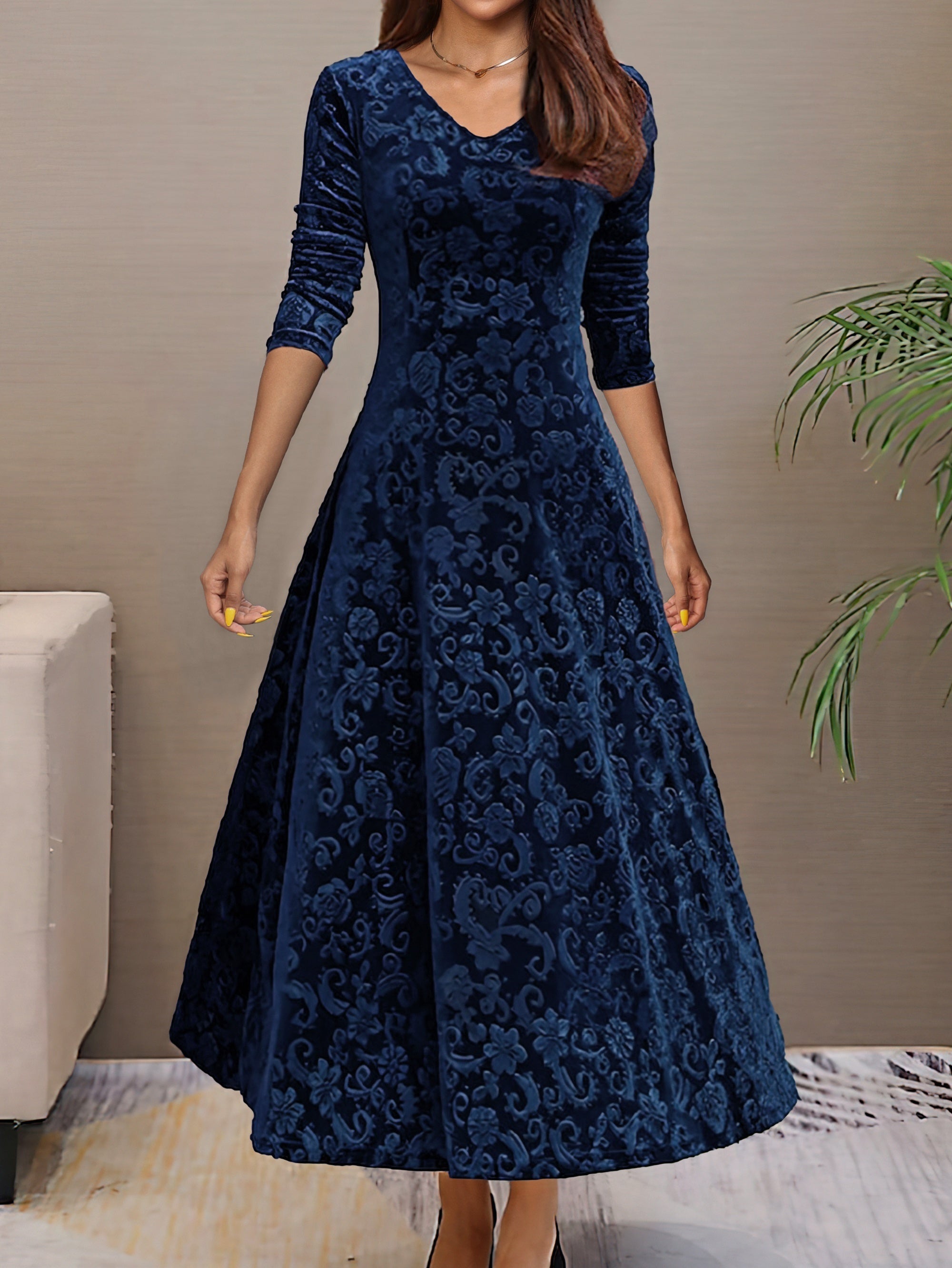 Sari Frauen Samtkleid | V-Ausschnitt, Floral 2