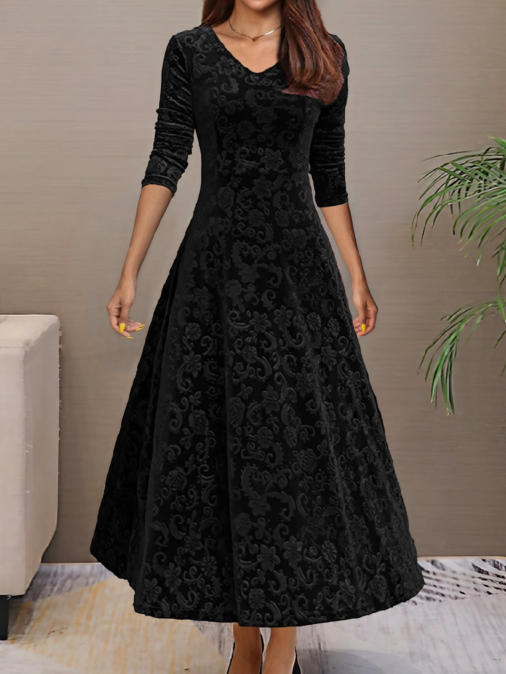 Sari Frauen Samtkleid | V-Ausschnitt, Floral 3