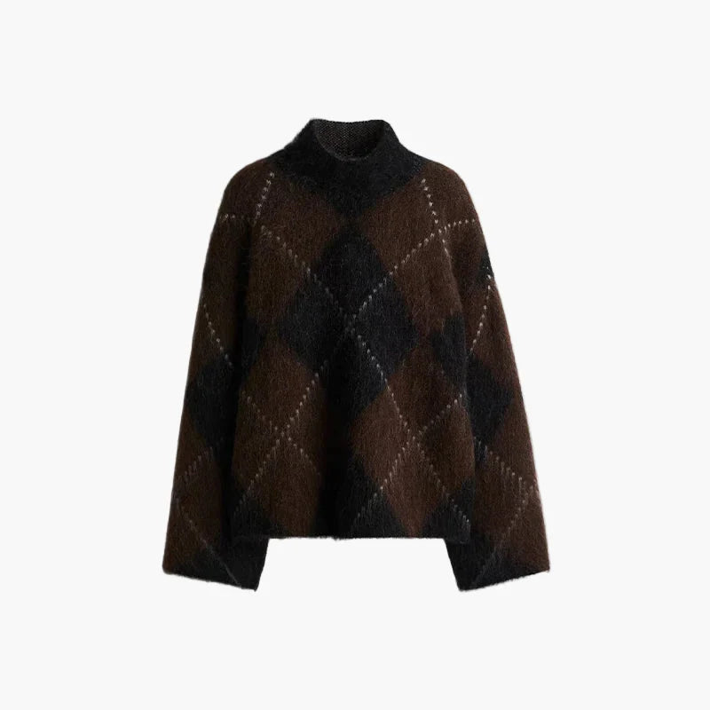 Monika Braun Oversized Argyle-Rautenmuster Flauschiger Pullover für Damen | Winter Casual Vintage Stil - S/M/L