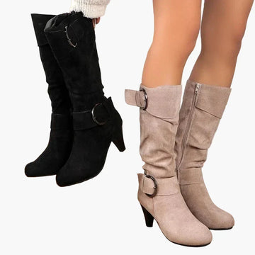 Monika Grau Kniehohe Stiefel für Damen in Veloursleder-Optik mit Schnalle | Herbst Casual - EU 36-43