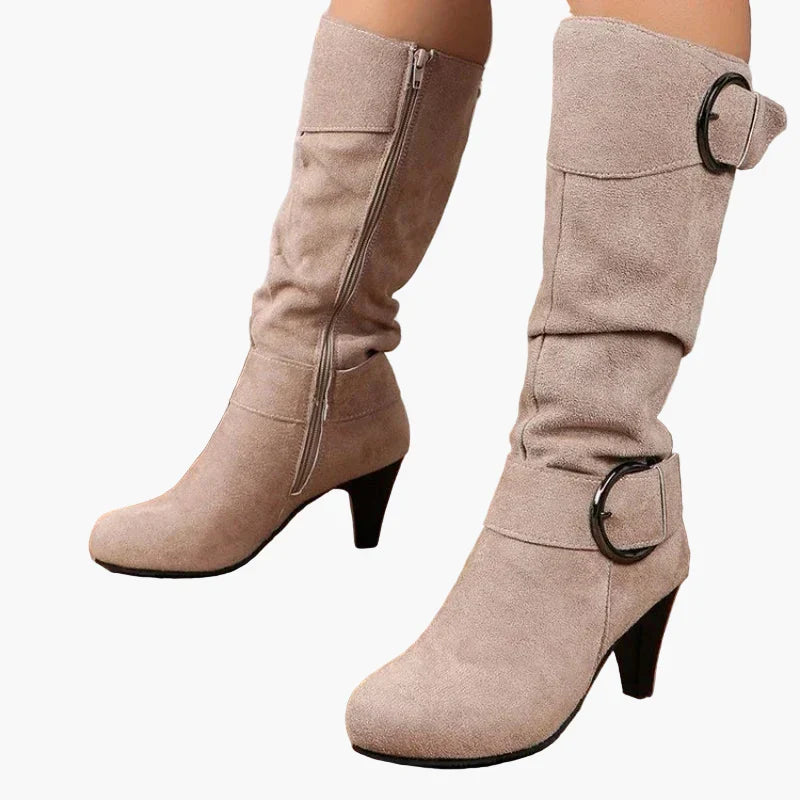 Monika Grau Kniehohe Stiefel für Damen in Veloursleder-Optik mit Schnalle | Herbst Casual - EU 36-43