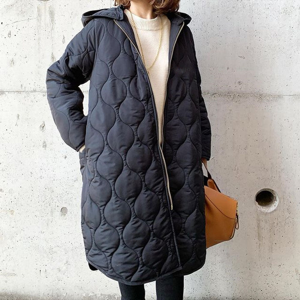 Vreni Blau Gesteppter Wintermantel mit Kapuze für Damen | Midi Casual Stil - Einheitsgrösse