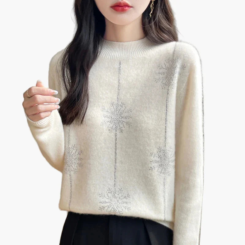 Annemarie Weiss Strass-Schneeflocken Strickpullover für Damen | Rundhalsausschnitt Winter Festlich - S/M/L/XL/2XL