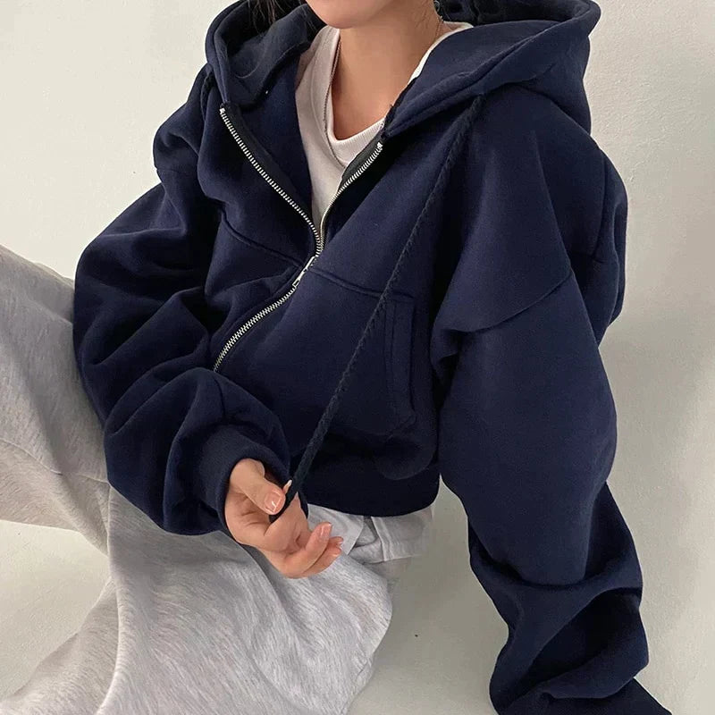 Monika Blau Oversized Hoodie mit Reissverschluss für Damen | Casual Kapuzenpullover mit abfallenden Schultern - S/M/L/XL/2XL/3XL