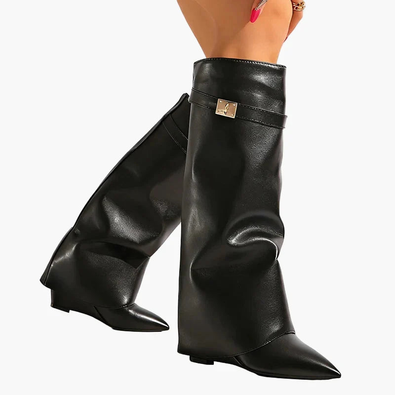 Margrit Schwarz Slouchy Kniehohe Stiefel in Leder-Optik für Damen | Spitze Zehenpartie Goldschnalle Herbst - EU 35-42
