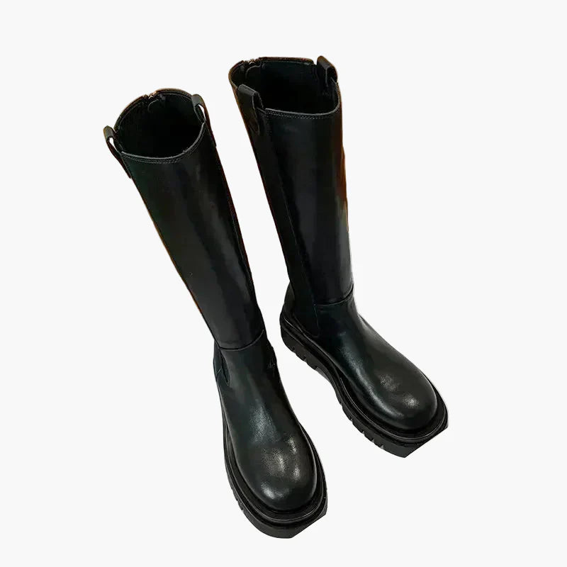 Vreni Schwarz Kniehohe Leder-Optik Plateau-Stiefel für Damen | Chunky-Sohle Stretcheinsatz Herbst Winter - EU 35-41