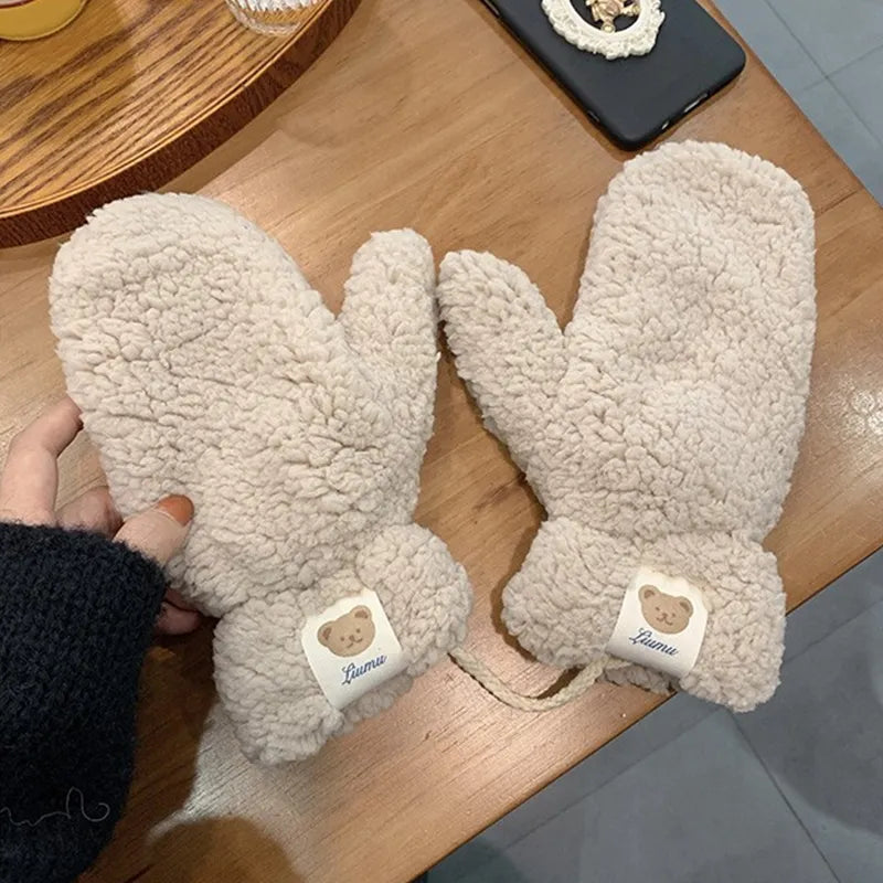 Katharina Khaki Warme Sherpa Fäustlinge für Damen | Winter Casual mit Bärenapplikation - Einheitsgrösse