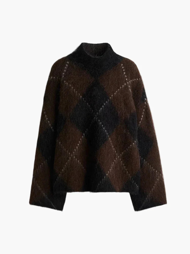 Monika Braun Oversized Argyle-Rautenmuster Flauschiger Pullover für Damen | Winter Casual Vintage Stil - S/M/L