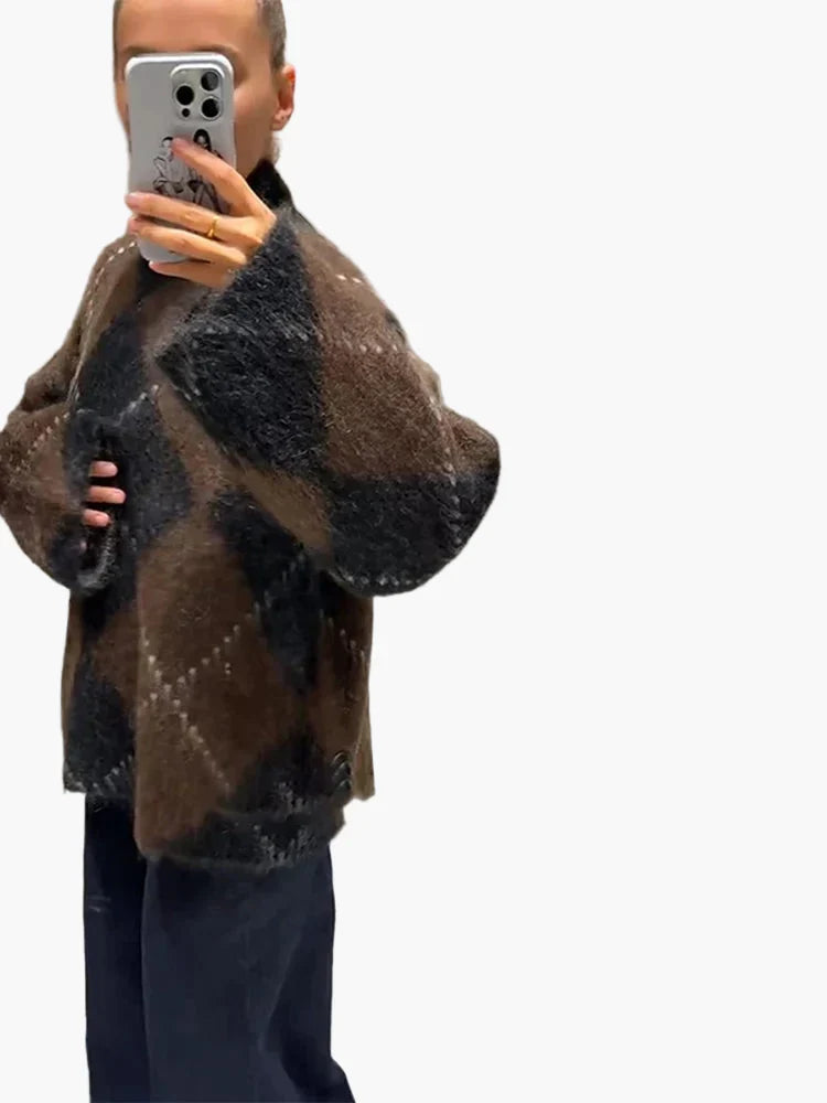 Monika Braun Oversized Argyle-Rautenmuster Flauschiger Pullover für Damen | Winter Casual Vintage Stil - S/M/L