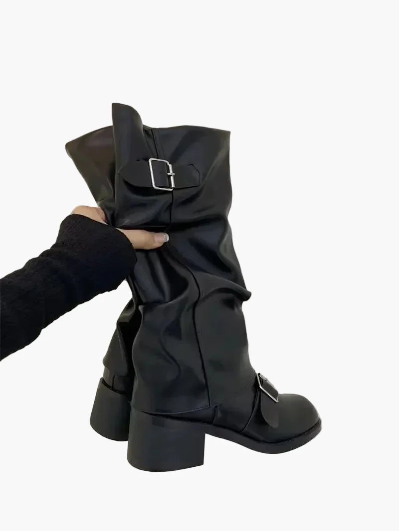 Vreni Schwarz Slouchy Kniehohe Stiefel mit Schnallen für Damen | Leder-Optik Blockabsatz Herbst - EU 35-40