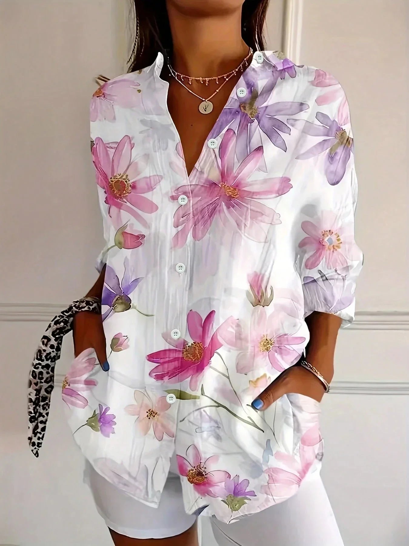 Vreni Pink Bedruckt Geblümt Button-Down Bluse für Damen | Luftige Relaxed Passform | Alltag und Freizeit | Inkl. Seitentaschen - S-5XL