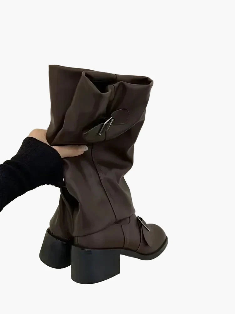 Vreni Schwarz Slouchy Kniehohe Stiefel mit Schnallen für Damen | Leder-Optik Blockabsatz Herbst - EU 35-40
