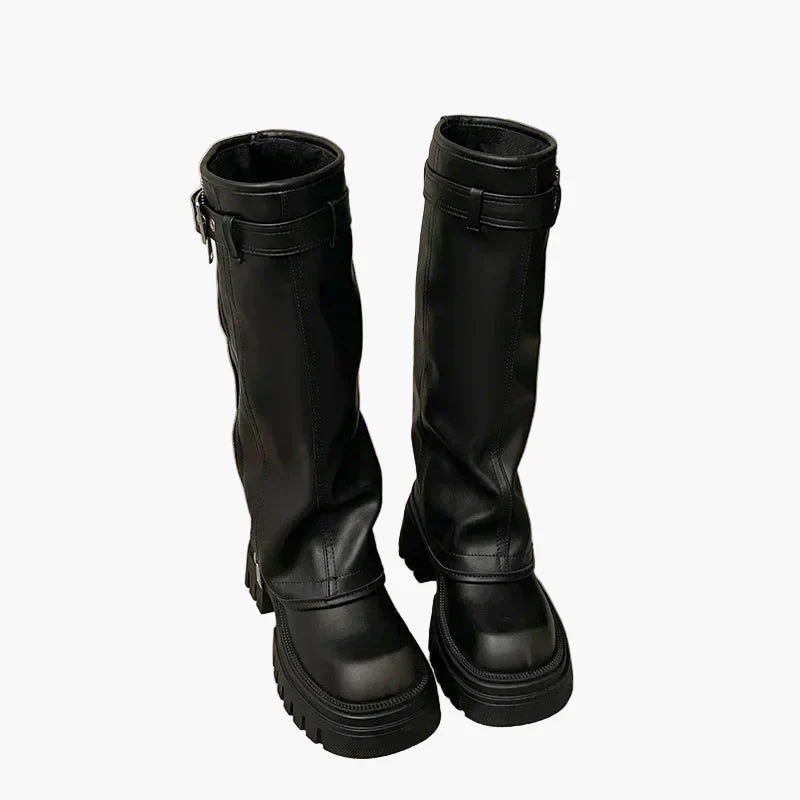 Heidi Schwarz Plateau Stiefel mit Reissverschluss für Damen | Leder-Optik Schnalle Urban Stil - EU 35/36/37/38/39/40