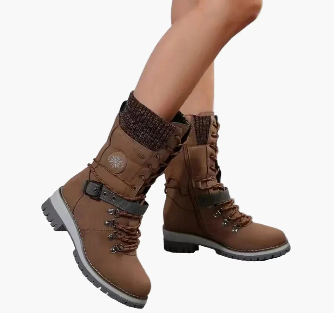 Elisabeth Grau Gefütterte Outdoor-Schnürstiefel für Damen | Warmfutter Profilsohle Strickabschluss Winter - EU 36-43