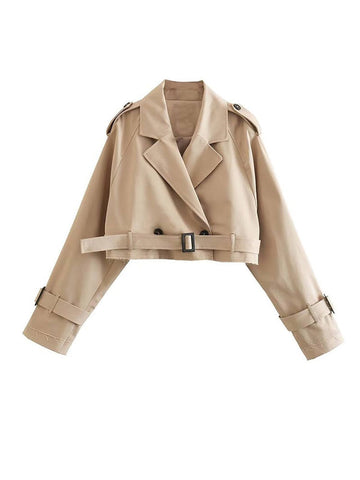 Wilma Beige Kurzer Zweireihiger Trenchcoat für Damen | Gürtel Schulterpasse Klassischer Stil