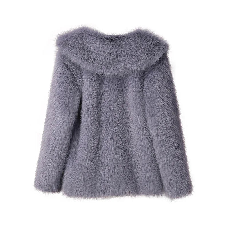 Klara Beige Kurze Kunstfell-Jacke für Damen | Plüschjacke Winter mit grossem Kragen - XS/S/M/L