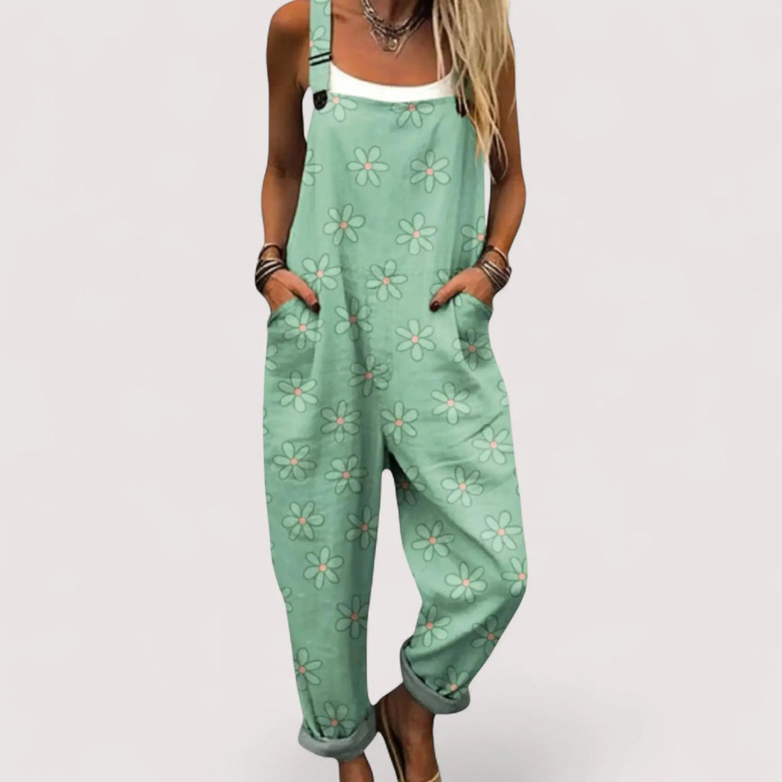 Franziska Weiss Blumendruck Latzhose Overall für Damen | Lockere Leinenoptik Passform | Sommer Freizeit