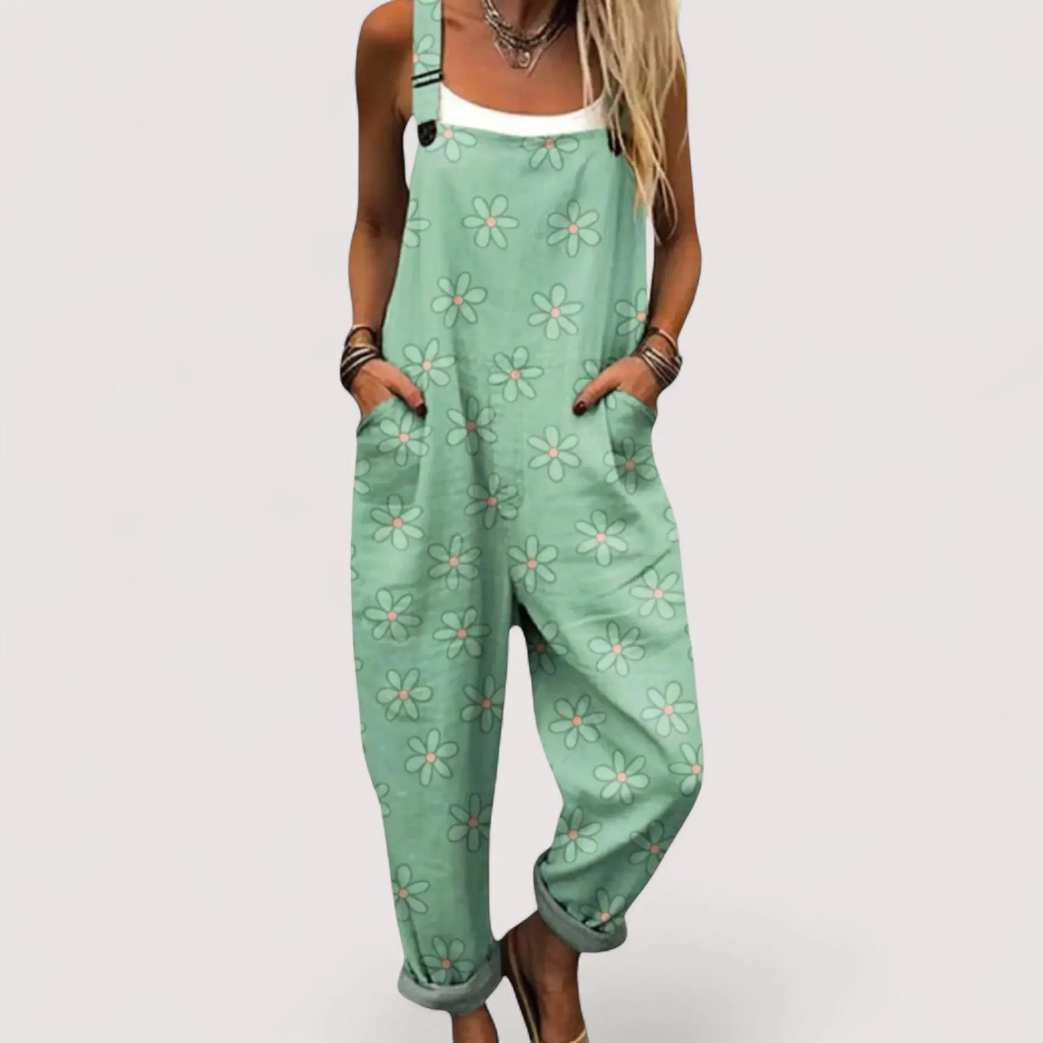 Franziska Weiss Blumendruck Latzhose Overall für Damen | Lockere Leinenoptik Passform | Sommer Freizeit