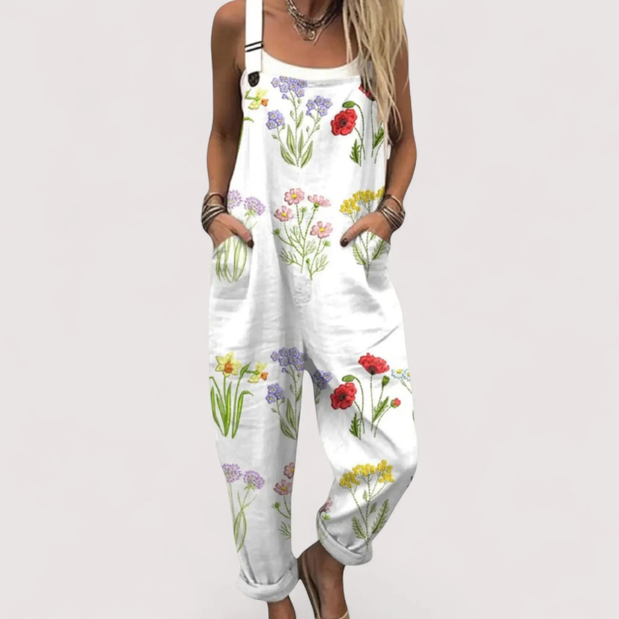 Franziska Weiss Blumendruck Latzhose Overall für Damen | Lockere Leinenoptik Passform | Sommer Freizeit