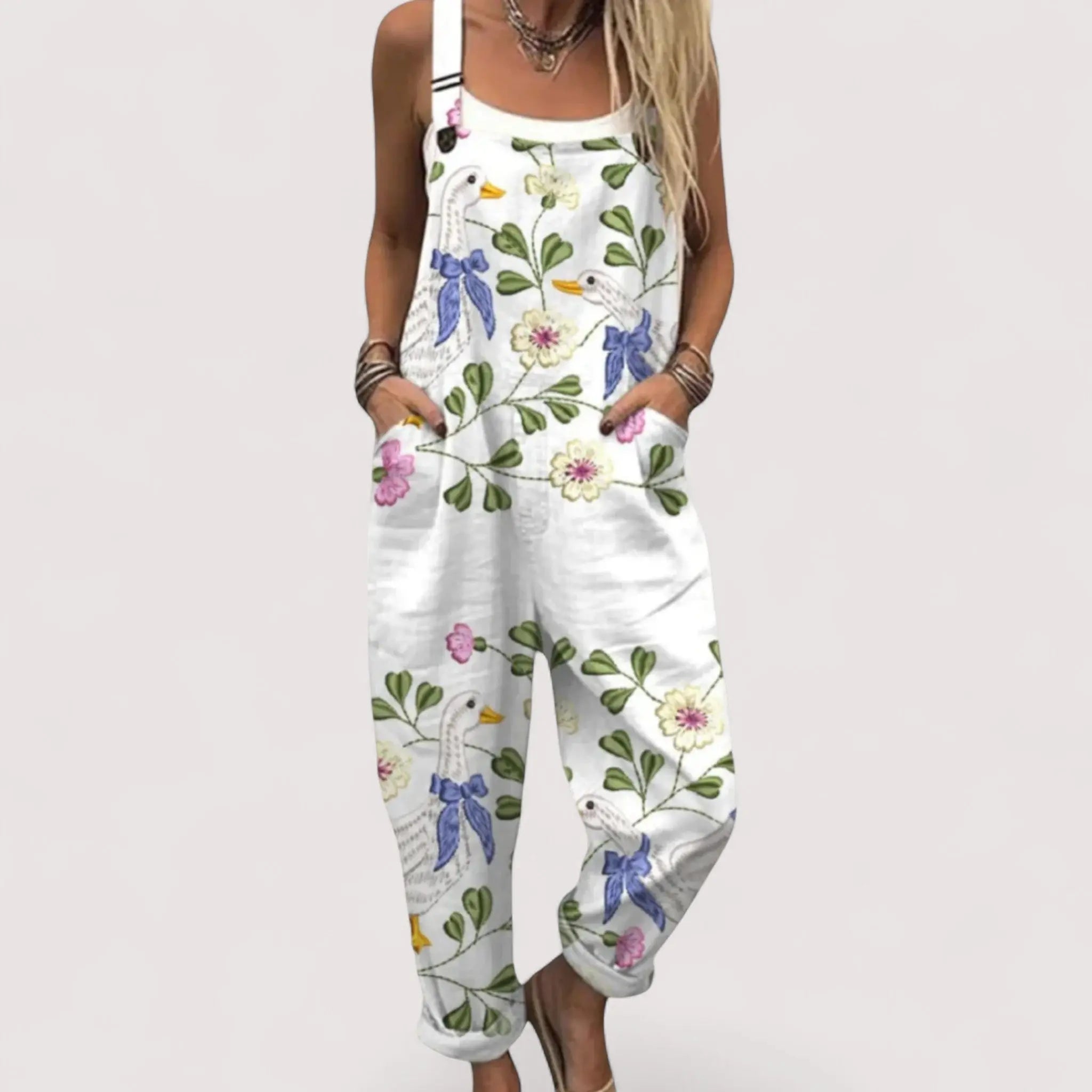 Franziska Weiss Blumendruck Latzhose Overall für Damen | Lockere Leinenoptik Passform | Sommer Freizeit