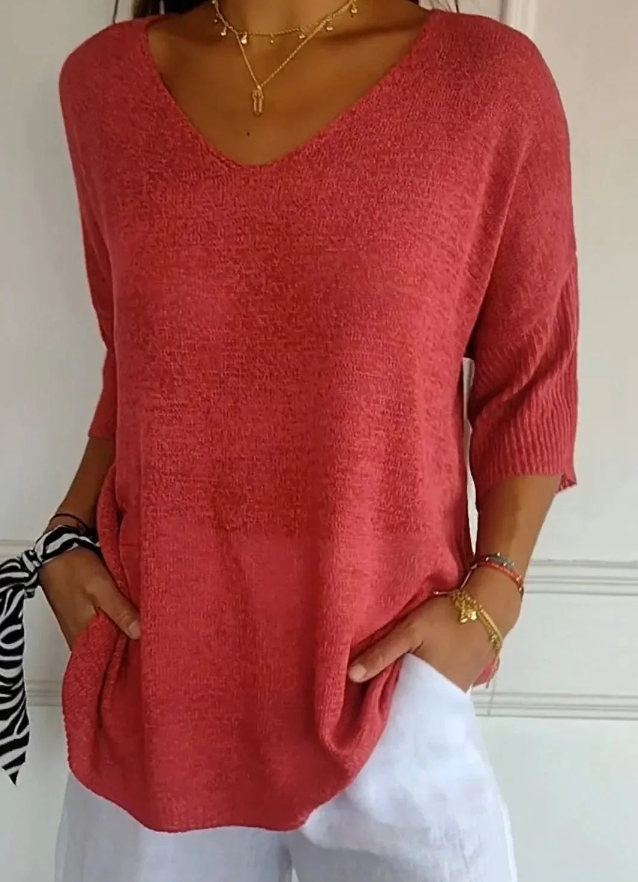 Monika Rot Leichter V-Ausschnitt Strickpullover für Damen | Entspannte Passform | Alltag & Freizeit | Dreiviertelärmel - S-5XL
