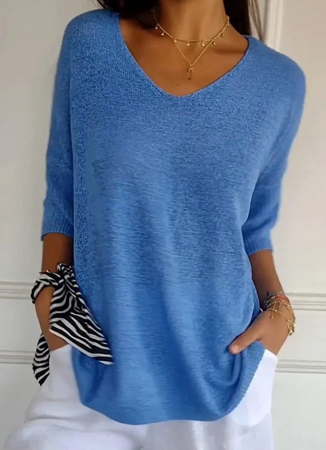 Monika Rot Leichter V-Ausschnitt Strickpullover für Damen | Entspannte Passform | Alltag & Freizeit | Dreiviertelärmel - S-5XL