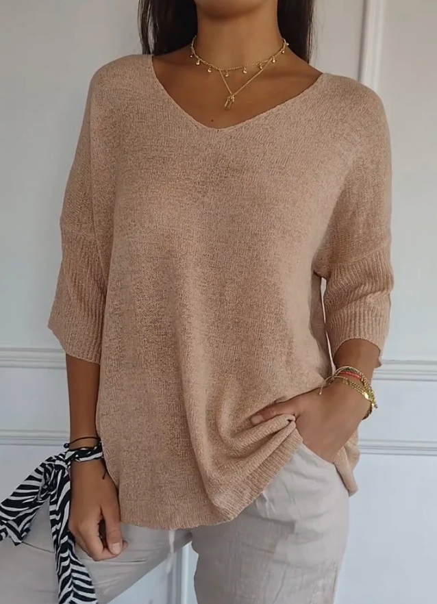 Monika Rot Leichter V-Ausschnitt Strickpullover für Damen | Entspannte Passform | Alltag & Freizeit | Dreiviertelärmel - S-5XL