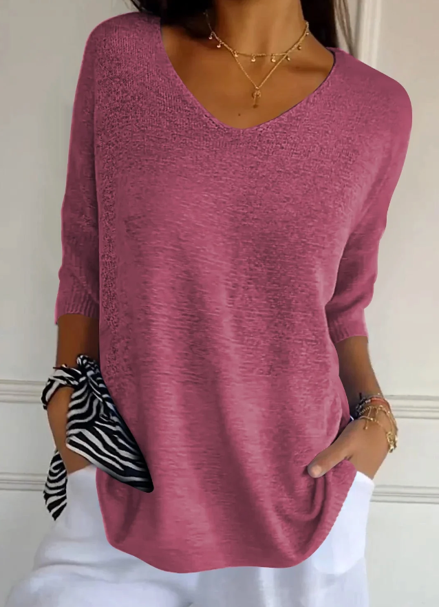 Monika Rot Leichter V-Ausschnitt Strickpullover für Damen | Entspannte Passform | Alltag & Freizeit | Dreiviertelärmel - S-5XL