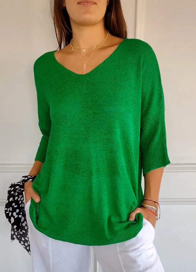 Monika Rot Leichter V-Ausschnitt Strickpullover für Damen | Entspannte Passform | Alltag & Freizeit | Dreiviertelärmel - S-5XL