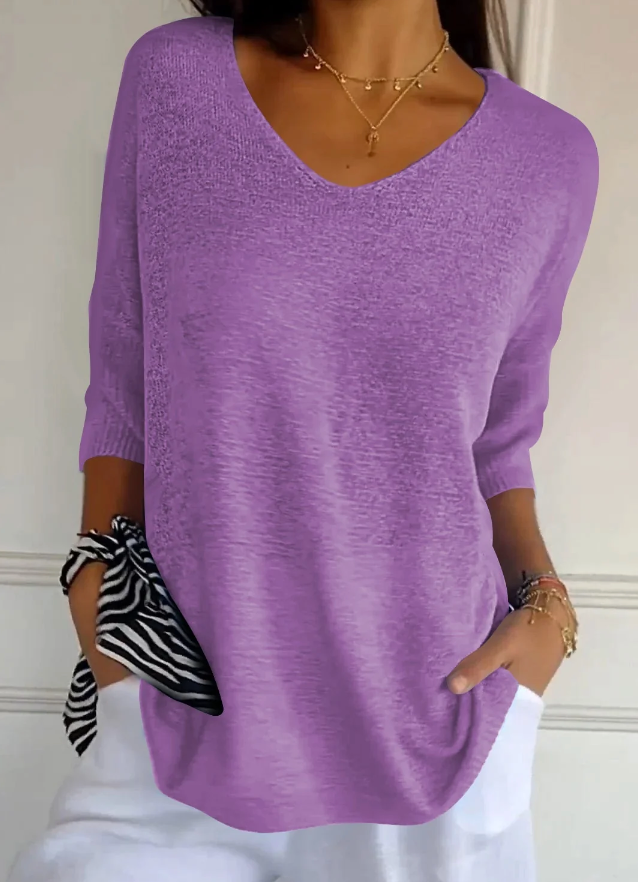 Monika Rot Leichter V-Ausschnitt Strickpullover für Damen | Entspannte Passform | Alltag & Freizeit | Dreiviertelärmel - S-5XL