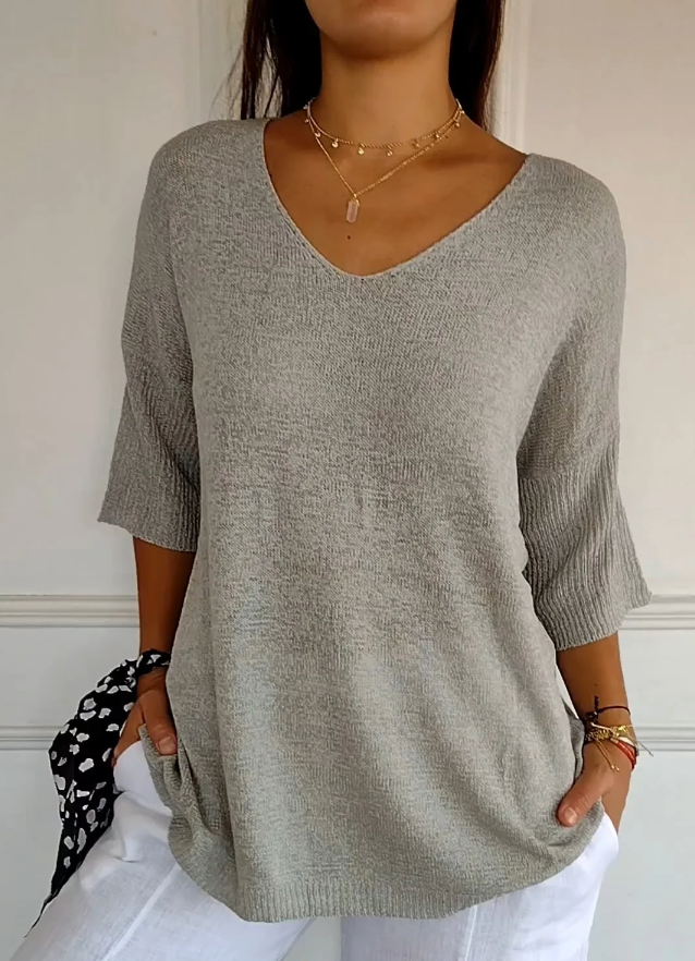 Monika Rot Leichter V-Ausschnitt Strickpullover für Damen | Entspannte Passform | Alltag & Freizeit | Dreiviertelärmel - S-5XL