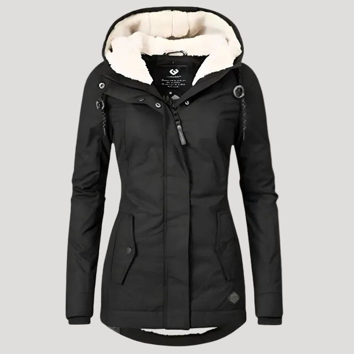 Monika Schwarz Wasserdichte Gefütterte Winterjacke mit Kapuze für Damen | Sherpa-Futter Figurnah Winter - S/M/L/XL/2XL/3XL