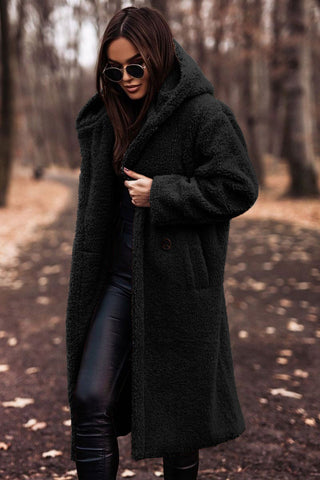Monika Grün Langer Sherpa Teddy-Mantel mit Kapuze für Damen | Oversized Wintermantel Casual - M/L/XL/2XL/3XL