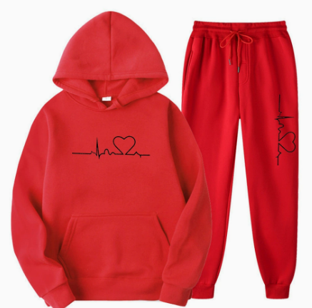 Wanda Schwarz Zweiteiler Kapuzenpullover und Jogginghose mit Herz-Print für Damen | Casual Freizeit - S/M/L/XL/2XL/3XL/4XL