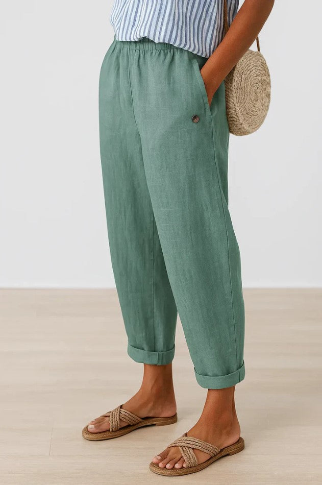 Gertrud Beige Leinenhose mit Gummibund für Damen | Entspannte Passform | Sommer und Alltag - S-5XL