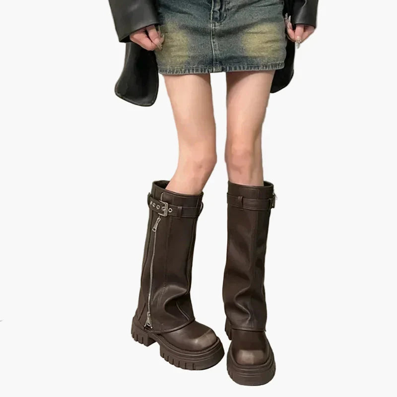 Heidi Schwarz Plateau Stiefel mit Reissverschluss für Damen | Leder-Optik Schnalle Urban Stil - EU 35/36/37/38/39/40
