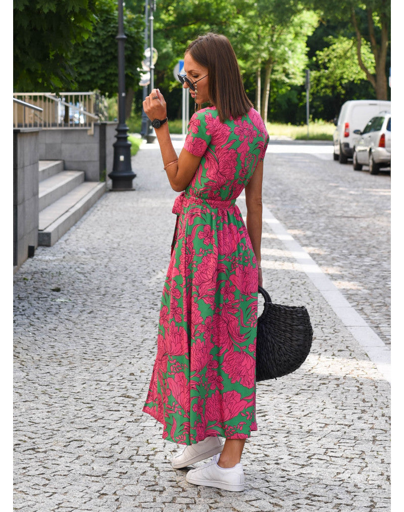 Monika Rot/Blau Florales Wickel-Maxikleid für Damen | Femininer Wickelschnitt | Sommer & Alltag - S/M/L/XL/2XL