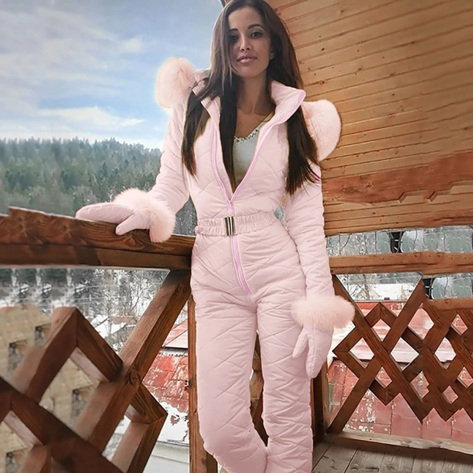 Käthe Gelb Gesteppter Winter-Jumpsuit mit Kapuze und Kunstfell für Damen | Einteilig mit Fäustlingen - S-5XL