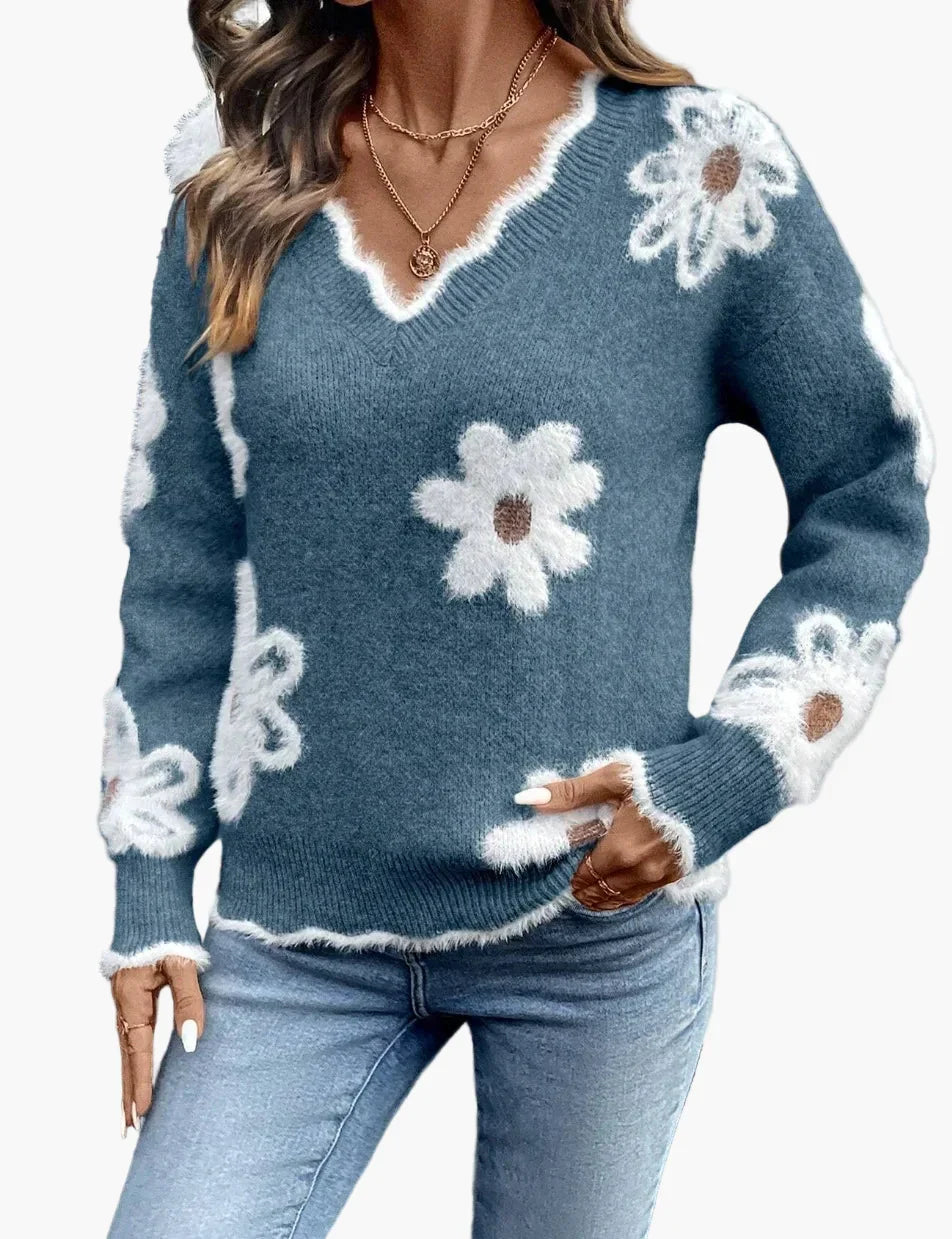 Beatrix Armeegrün Geblümter Strickpullover mit V-Ausschnitt für Damen | Casual Blumenmuster Freizeit - S/M/L/XL/2XL