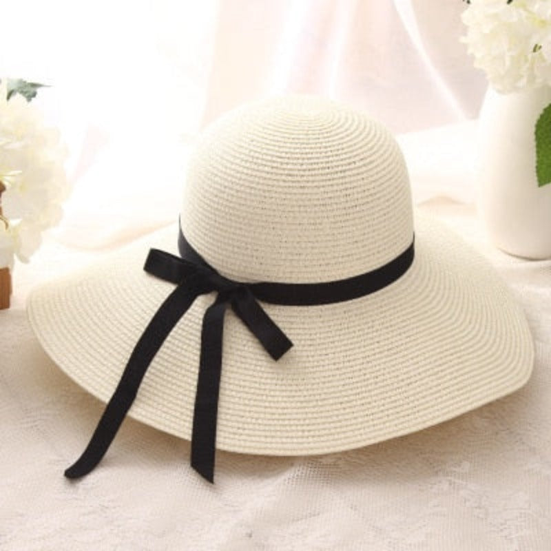Yvonne Beige Geflochtener Sonnenhut mit Breiter Krempe für Damen | Sommerlicher Strandhut mit Schleifenband - Universell