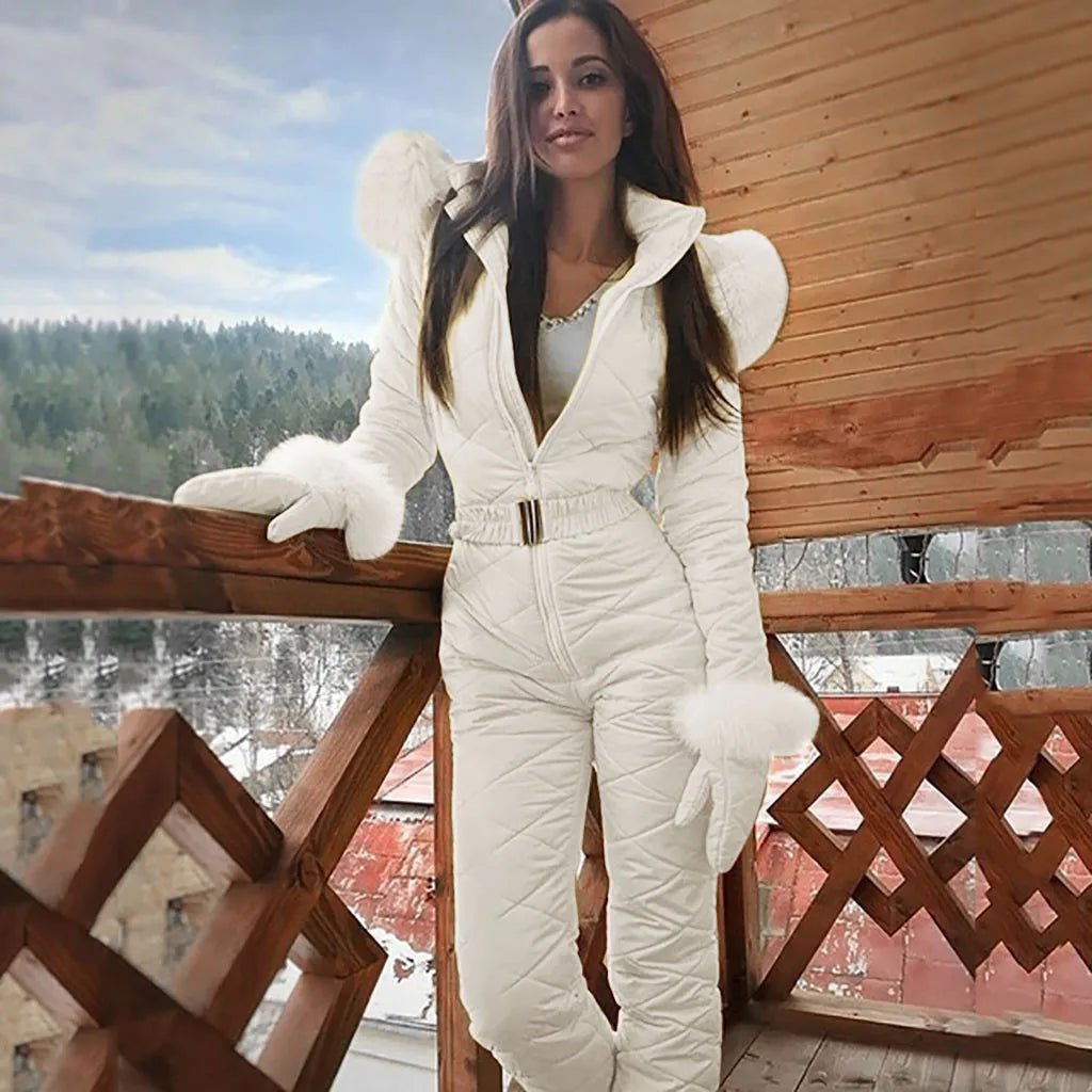 Käthe Gelb Gesteppter Winter-Jumpsuit mit Kapuze und Kunstfell für Damen | Einteilig mit Fäustlingen - S-5XL