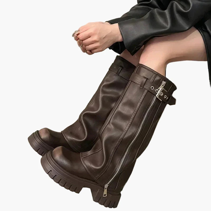 Heidi Schwarz Plateau Stiefel mit Reissverschluss für Damen | Leder-Optik Schnalle Urban Stil - EU 35/36/37/38/39/40