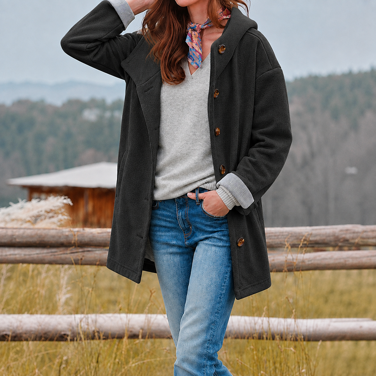 Silvia Grün Flauschiger Damenmantel mit Schalkragen und Knöpfen für Damen | Herbst Winter Casual - S/M/L/XL/2XL/3XL