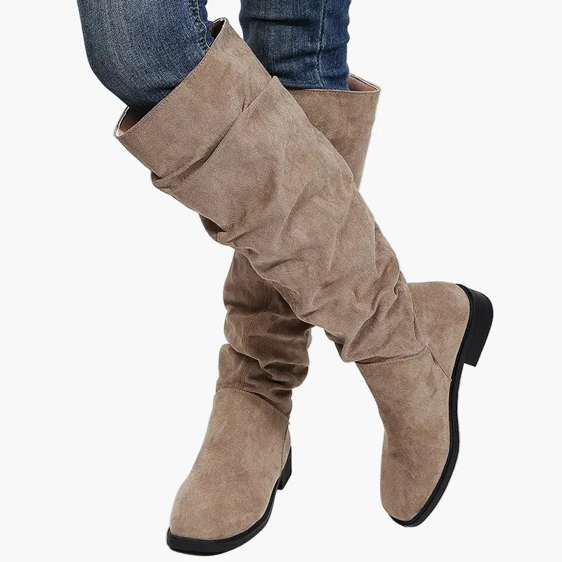 Heidi Khaki Slouchy Kniehohe Stiefel für Damen in Veloursleder-Optik | Casual Herbst Alltag - EU 35-43